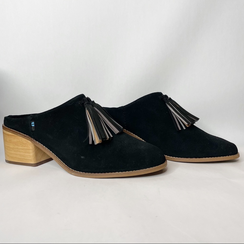 NWOB TOMS Liela Black Suede Tassel Chunky Wood Heel Size 12